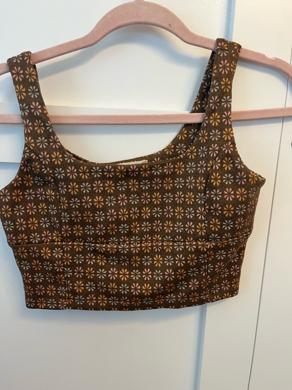 Altar'd State Brown Crop Tank with Pink & Gold Floral Motif